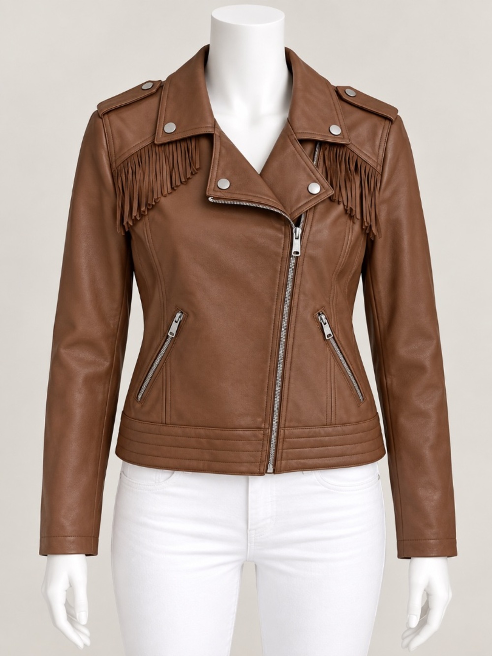 CoffeeShop Junior's Brown Wester Fringe Faux Leather Moto Jacket Size L